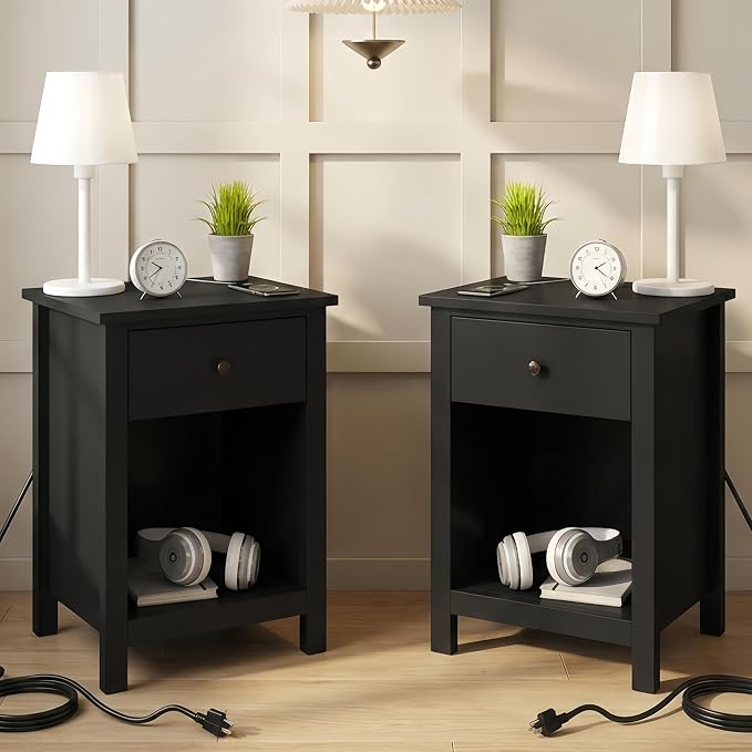 ChooChoo Black Nightstand Set of 2,Night Stand with Charging Station, Wooden Top Bedside End Table with Drawer and Storage Space for Bedroom by ChooChoo