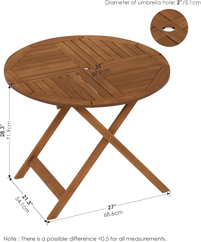 Furinno TIOMAN Folding Patio Dining Table, Outdoor Wooden Table with Umbrella Hole, Round 4-Person Patio Table for Garden, Porch, Backyard, Light Wood - Image 2