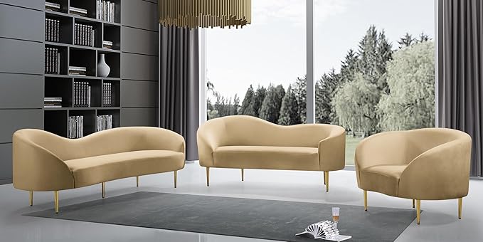 Meridian Furniture 659Camel-L Ritz Collection Modern | Contemporary Upholstered Loveseat with Rich Camel Velvet, Gold Metal Legs, Curved Contemporary Design, 67" W x 31.75" D x 30.5" H, Camel