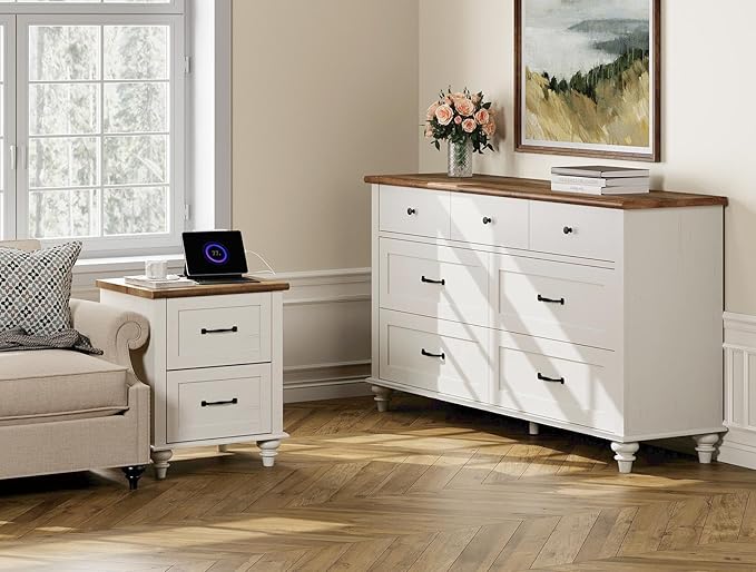 WAMPAT 2 Piece Bedroom Set - Includes 7 Drawer Dresser for Bedroom, Mid Century Nightstand with Charging Station & Drawers, 2 Piece Dresser and Nightstand Sets, Off White