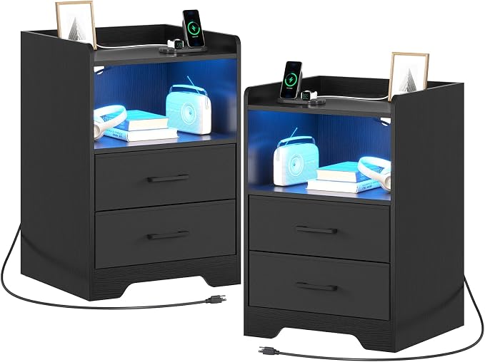 DICTAC Nightstands Set 2, LED Nightstand with Charging Station, End Side Table with USB Port, Bedside Table with 2 Fabric Drawers and Open Compartment for Bedroom, Black by DICTAC