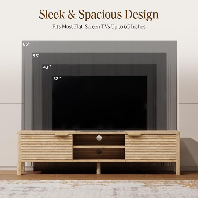 IKALIFE TV Stand for Living Room - up to 65 Inch TVs Mid Century Modern Entertainment Center with Storage and Adjustable Shelves, Media Console Table Oak 59" - Image 4