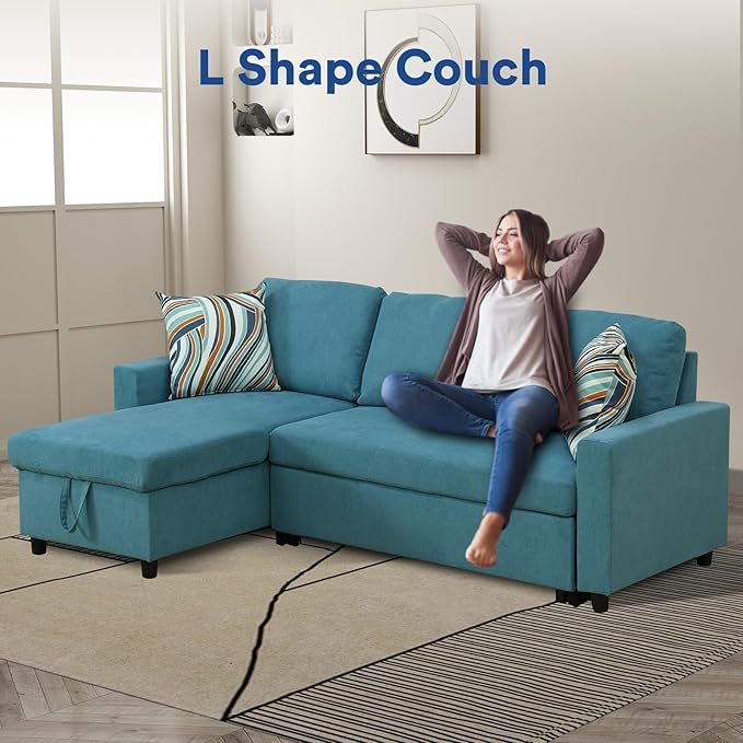 Rovibek 83" Convertible Sofa Bed Couch with Storage - 4 in 1 L Shaped Sofa with Pull Out Couch Bed for Living Room, Apartment, Office, Small Spaces, Cyan
