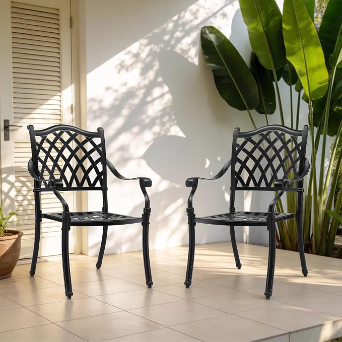 VINGLI Patio Chairs Set of 2 - Stackable Outdoor Cast Aluminum Dining Chairs with Vintage Black Finish and Diamond Pattern, Metal Armchairs for Poolside, Backyard, Balcony (No Cushion) - Image 2