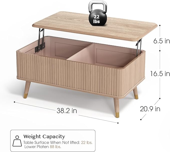 SULIVES Lift Top Coffee Table with Storage,Fluted Coffee Table with Lifting Top,Mid Century Modern Center Table with Solid Wood Legs,Small Coffee Tables for Living Room,Oak