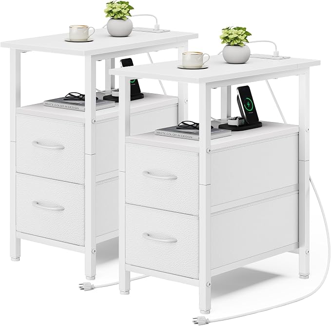 Vagusicc End Table with Charging Station Set of 2, Narrow Side Table, 23.8'' Tall Nightstand with 2 Drawers, Small Sofa Side Table Narrow Nightstand for Small Spaces, Living Room, Bedroom, White by Vagusicc