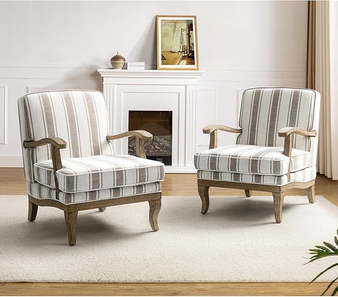 HULALA HOME Mid-Century Modern Chair Set of 2, Upholstered Accent Chair with Graceful Curves and Wooden Legs, Comfy Lounge Armchair Striped Accent Chairs for Living Room, Bedroom (TAN)