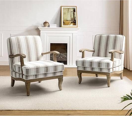 HULALA HOME Mid-Century Modern Chair Set of 2, Upholstered Accent Chair with Graceful Curves and Wooden Legs, Comfy Lounge Armchair Striped Accent Chairs for Living Room, Bedroom (TAN)