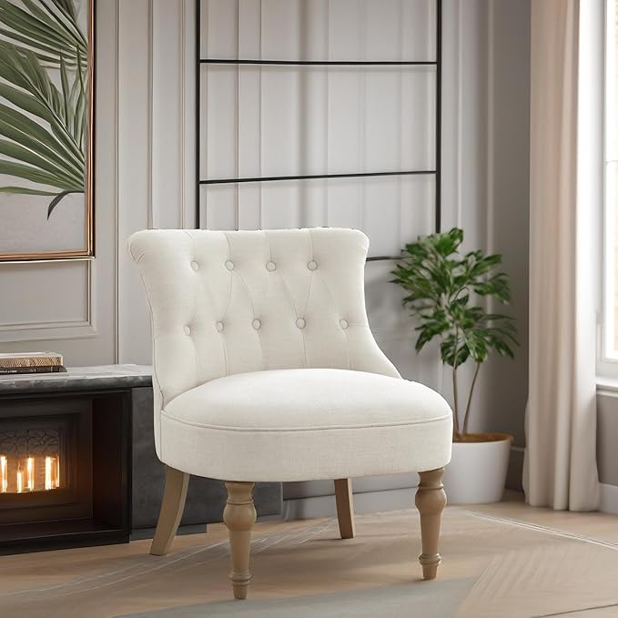 Zihanhome Living Room Chairs, Armless Accent Chair, Comfy Tufted Bedroom Chair, Upholstered Chair with Wooden Legs for Reading Room, Reception, Apartments and Dormitories (Beige)