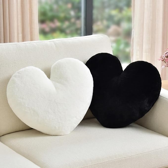 2 Pcs Heart Pillow Decorative Throw Pillows 16-inch Cute Soft Fluffy Heart Shaped Pillows for Bed Couch Sofa Bedroom Living Room Decor Aesthetic (White & Black, 16"x13.78")