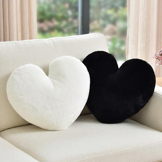 2 Pcs Heart Pillow Decorative Throw Pillows 16-inch Cute Soft Fluffy Heart Shaped Pillows for Bed Couch Sofa Bedroom Living Room Decor Aesthetic (White & Black, 16"x13.78")
