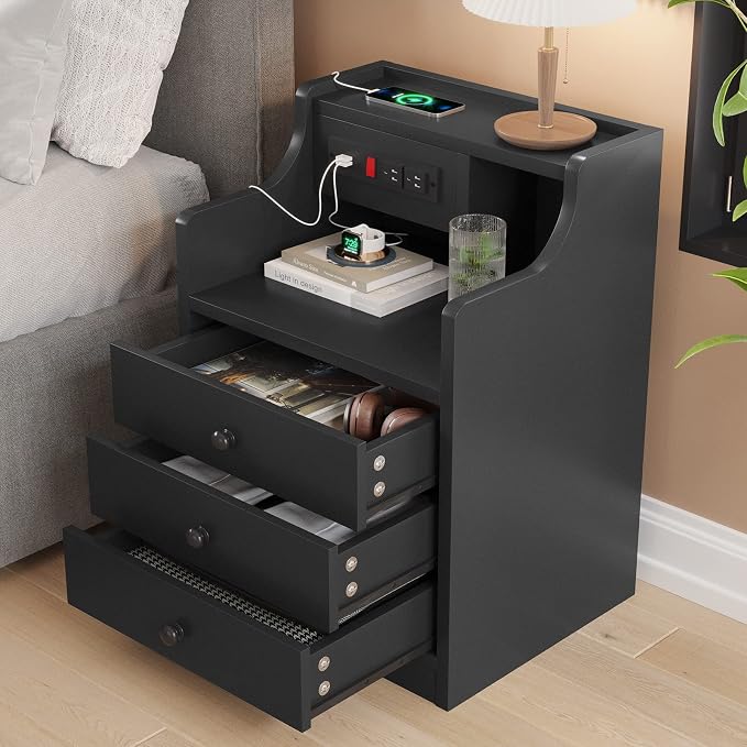 ADORNEVE Nightstand with Charging Station,Black Night Stand for Bedroom,End Table with Hutch & Storage Drawers - Image 4