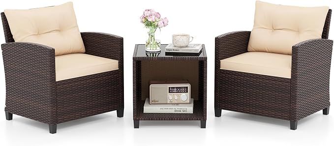 HAPPYGRILL 3 Pieces Patio Conversation Set, Outdoor Rattan Wicker Chairs & Coffee Table Set w/Cushions & Tempered Glass Tabletop, Porch Sofa Set for Backyard, Poolside