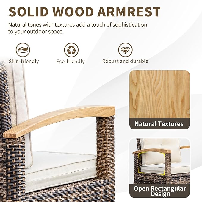 MEISSALIVVE 9 Pieces Outdoor Patio Furniture Sets,PE Wicker Patio Conversation Sets with 4 Wood Armrests Swivel Rocker Chairs，2 Ottoman and Coffee Table(Brown)