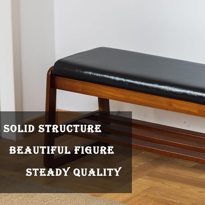 latifolia Solid Wood Bench, Entryway Shoe Bench with Cushion, 2 Tier Shoe Storage Organizer for Hallway, Living Room(Black,31.50''L) - Image 3