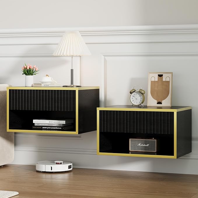 4ever2buy Floating Nightstand Set of 2, Modern Night Stands with Drawer, Small Bedside Tables End Tables with Open Shelf Cubby, Wall Mounted Nightstands for Bedroom, Black and Gold - Image 5