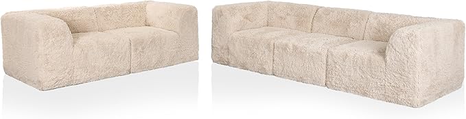 Furniture of America Havyn Modern Faux Fur 5-Seater Modular Sofa and Foam Loveseat Set with Arms & Deep Seat, Compressed Couch in a Box, No Assembly Required, for Living Room and Office, Sand