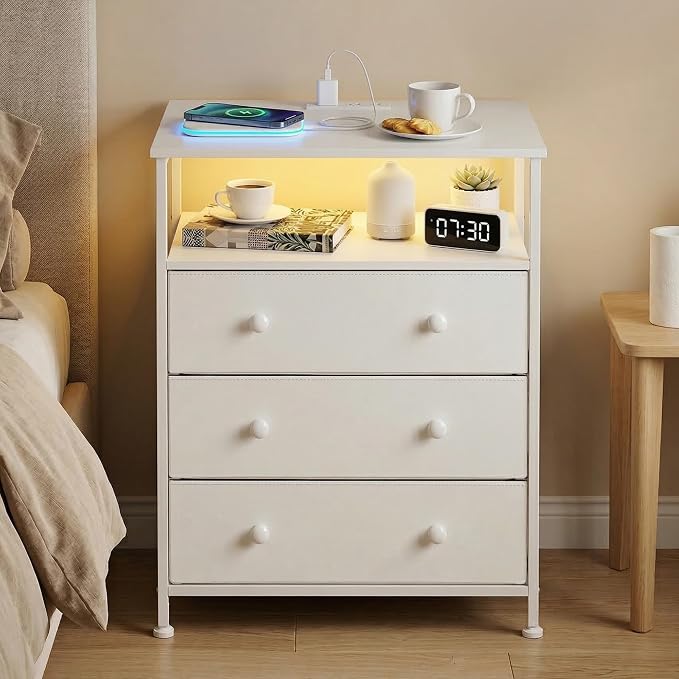 3 Drawers Dresser with Charging Station, 24 Inch Wide LED Night Stand with Adjustable Fabric Drawer, Nightstand with Storage Shelf for Living Room/Bedroom/Office, White. - Image 2
