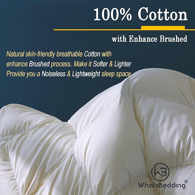 Puffy White Feather Comforter King Size, All Season Duvet Insert Feather Downfiber Filled, 100% Cotton Luxury Hotel Collection, 4 Corner Loops, Gold Piping