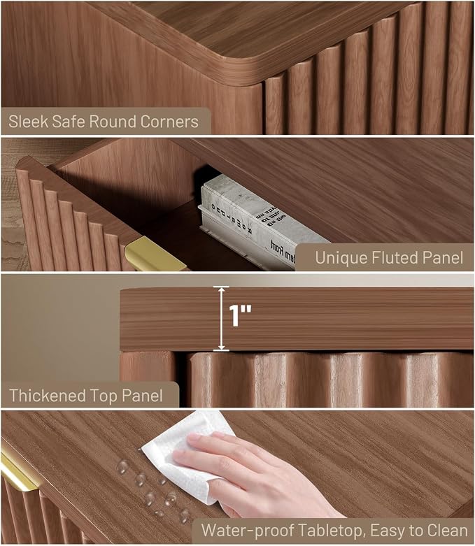 Nightstands Set of 2, Nightstand with Drawers Bedside Table End Table, Modern Fluted Nightstand Bed Side Table for Bedroom Living Room Home Office (Walnut) - Image 5