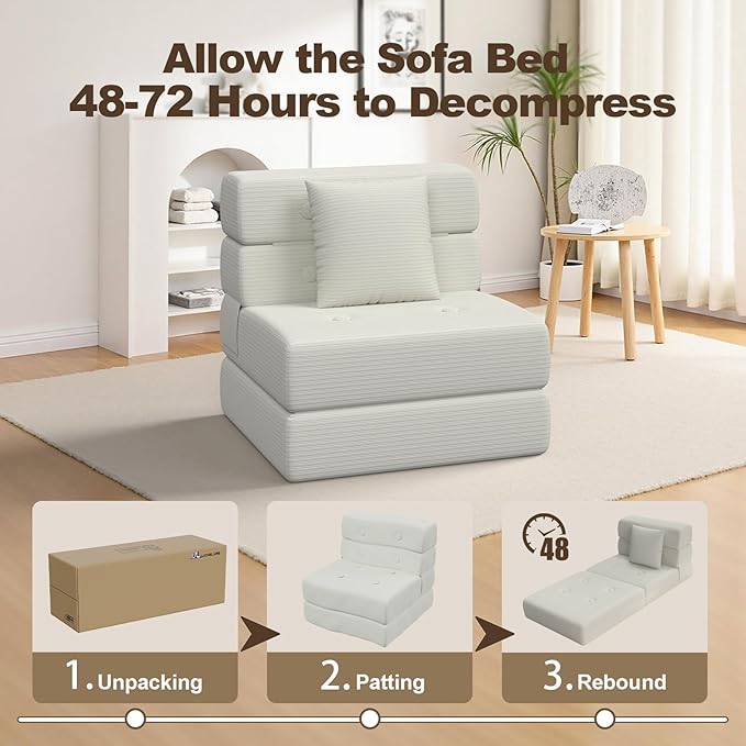 Folding Sofa Bed, Convertible Sleeper Chair & Couch Bed with Pillow, One-Piece High-Density Sponge Mattress, Multi-Purpose Corduroy Floor Sofa for Living Room, Office, Apartment, Beige, Single