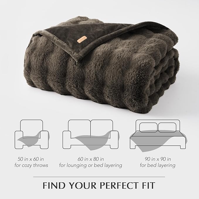EverGrace Ultra Soft Luxury Fluffy Faux Rabbit Fur Throw Blanket, Thick Warm Bubble Throw for Bed, Cozy Plush Reversible Blankets for Couch, Chair, Sofa, Dark Taupe, 90x90 Inches