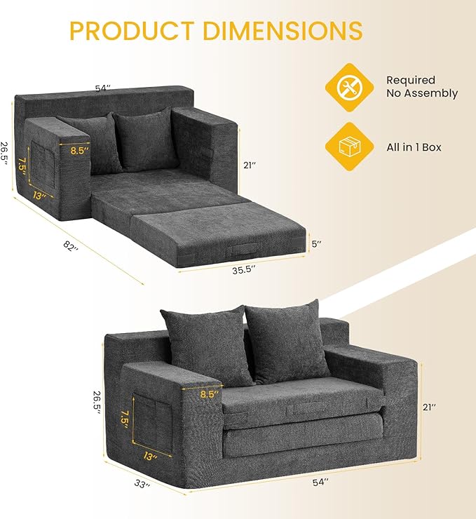 Boneless Loveseat Sleeper Sofa Bed: 3-in-1 Convertible Sofa Bed with Side Pockets & Handle,Pull Out Couch with 2 Pillows,Folding Futon for Small Space,Living Room & Bedroom,Chenille Fabric,No Assembly