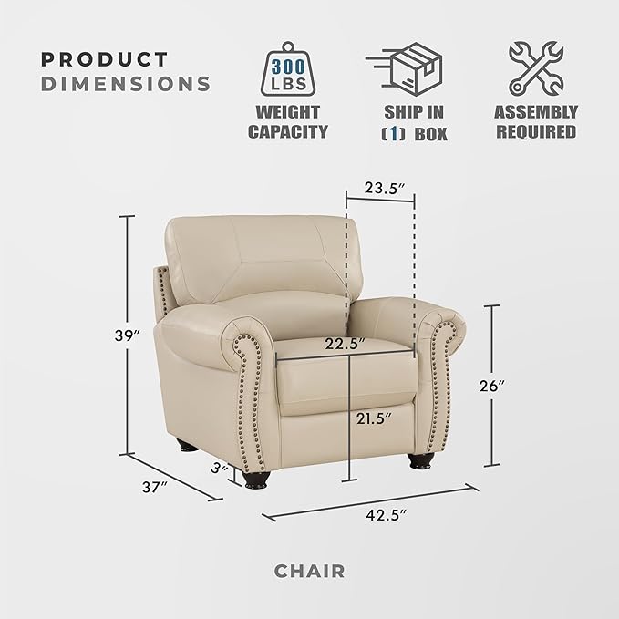 Lexicon Top Grain Leather Match Chair Accent Chairs for Living Room with Solid Wood Frame, Rolled Armrest & Nailhead Trim, Comfy Reading Chair for Bedroom, Office, Waiting Room, Cream