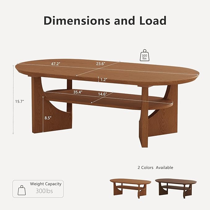 Mid Century Modern Coffee Table, 47" Oval Wood Coffee Tables for Living Room, 2 Tier Curved Round Center Table with Storage Shelf & Sturdy Base, Minimalist Retro Tea Tables
