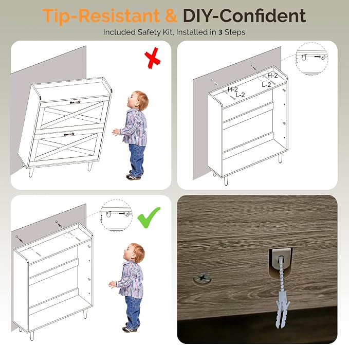 VINGLI Shoe Storage Cabinet for Entryway with 2 Flip Drawers, Ultra Slim Freestanding Entryway Shoe Organizer with Wood Tapered Legs,Hidden Closed Shoe Rack,31.6" W * 9.4" D * 39.4" H, Grey Oak - Image 9