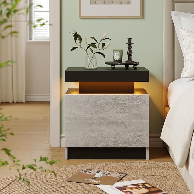 Cubehom Nightstands Set of 2, Bedside Tables with LED Lights, Night Stands with 2 Wood Drawers, End Tables Set of 2 for Living Room/Bedroom - Image 4