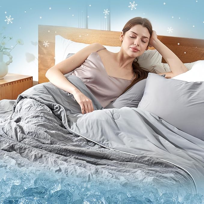 Cozy Bliss Cooling Comforter Seersucker Plaid Twin Size, Q-Max 0.45 Lightweight Cooling Blanket, Breathable Silk Smooth Summer Bedding Quilt for Hot Sleepers Night Sweats Dark Grey
