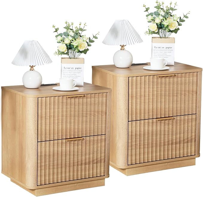 Fluted Nightstand Set of 2, Wood End Table with Charging Station, 23" Modern Night Stands with 2 Drawers, Oak Bedside Table for Bedroom by HtThalamic