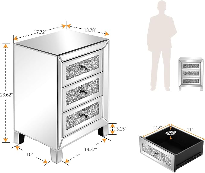 VINGLI Mirrored Nightstand with 3 Drawers Modern End Table Bed Side Table with Mirrored Finish, 17.72-inch W x 13.78-inch D x 23.62-inch H, Silver - Image 3