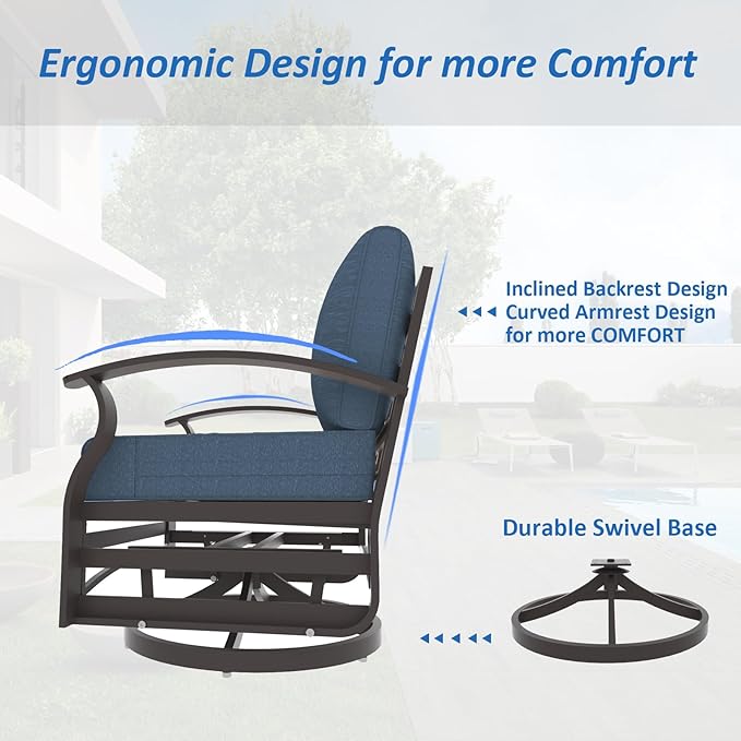 ALAULM Aluminum Patio Furniture Set with Propane Fire Pit Table Metal Outdoor Furniture w/Fire Pit Patio Conversation Sets w/5.1" Cushions and 7 Seats for Patio,Backyard,Poolside-Dark Blue