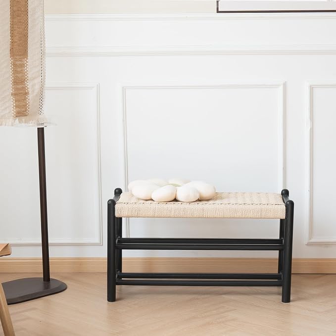 Solid Wood Entryway Bench with Shoe Storage, Rustic Oak Wood and Woven Design 31.5 Inch Long Seating for Living and Dining Rooms, 3-Tier Black - Image 3