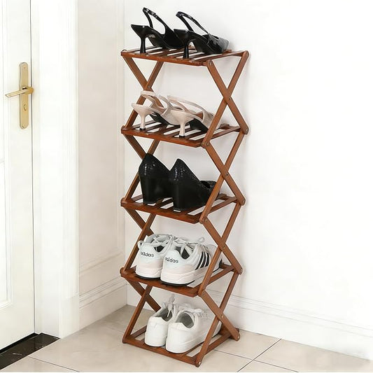 Bamboo Shoe Rack 5 Tier Foldable Shoe Rack Vertical Bamboo Shoe Organizer Free Standing Shelf for Entryway, Closet, Bedroom, Walnut Color by Fengzhizhu