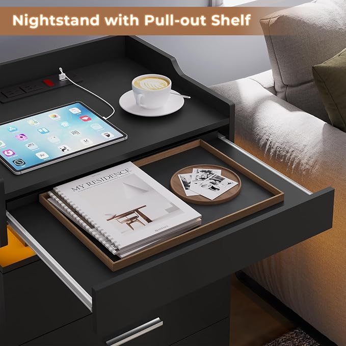 HAUOMS Black Nightstand Set of 2,LED Night Stand with Charging Station & Pull-Out Tray,Bedside Table with Drawers,Modern End Table Side Table Storage Cabniet - Image 5