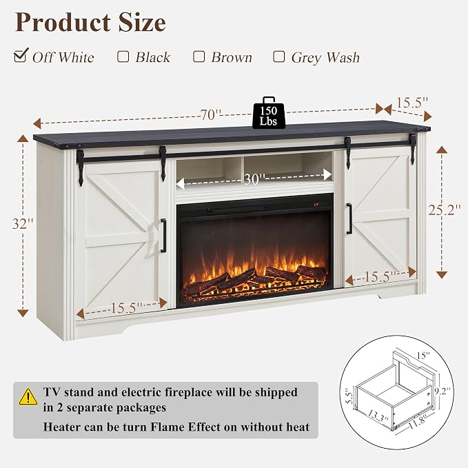 JXQTLINGMU Farmhouse Fireplace TV Stand for 80 Inch TV, 32" Tall Entertainment Center w/Drawer & Sliding Barn Door, 70 Inch Highboy Media Console for Living Room, Off White - Image 5