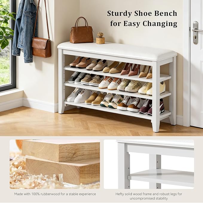 Shoe Rack Bench Entryway Storage with Leather Cushion, Shoe Organizer Bench for Entryway, Ideal for Front Doors Entrances Hallway Mudroom Featuring Rubberwood And 3 Height-Adjustable Removable Shelve - Image 5