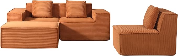 Rowan Convertible Corduroy Sectional Couch with Ottoman & Pillows, Modular L Shaped Sleeper Sofa, Boneless Cloud Couch for Living Room Furniture, Red Orange