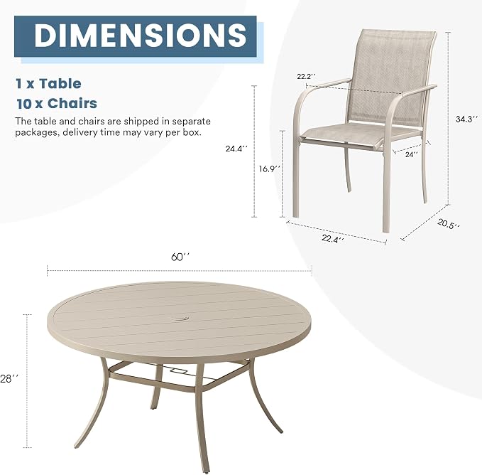 DIFY 11 Pieces Outdoor Patio Dining Set for 10, 60" Round Metal Dining Table and 10 Stackable Textilene Patio Chairs, Outdoor Table and Chairs for Backyard Garden Poolside, Sandshell - Image 8