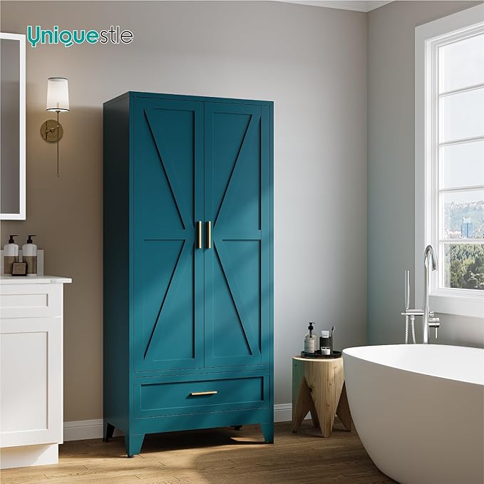 71" Tall Metal Armoire Wardrobe Closet,17.7" Deep By 31.5" Wide Portable Closet for Hanging Clothes,Wardrobe Cabinet with Drawer and Shelve for Bedroom Office Laundry Room,Blue 1 Pack