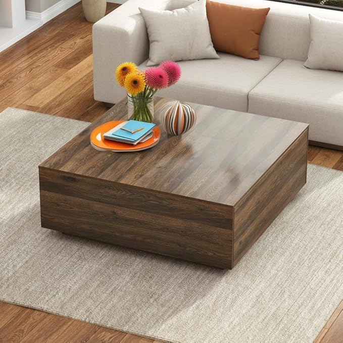43 Inch Large Square Coffee Table with Storage,Modern Wooden Coffee Tables with 2 Drawers Storage for Living Room,Mid Century Tea Table/Aesthetic Coffee Table Center Table for Home Office(Walnut)