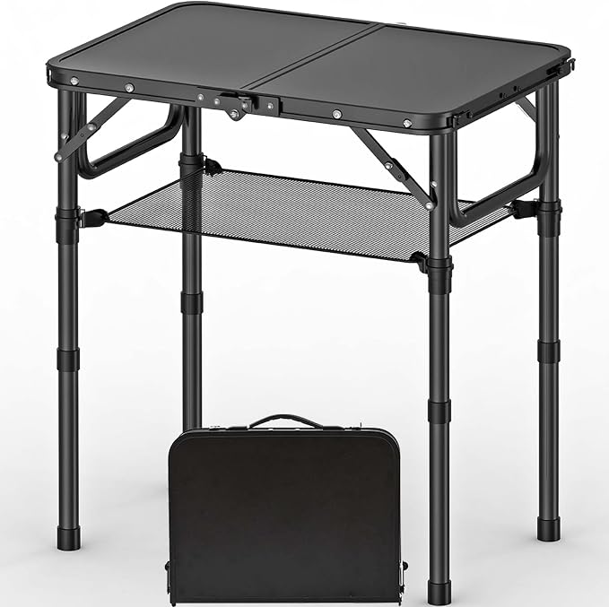YihuiKo Folding Picnic Table with Storage Net, Matte Black Aluminum Folding Table 23.6" x 15.8", Adjustable Height Max 27.5", Lightweight Portable for Camping Travel Grill Indoor by YihuiKo