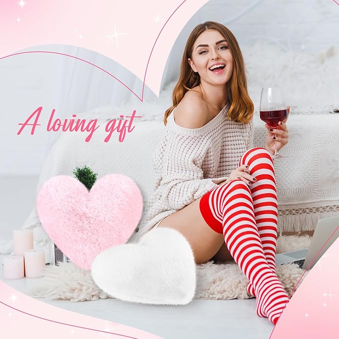 Marsui 2 Pcs Heart Throw Pillows, Soft Fluffy Faux Fur Decorative Hearts Shaped Pillows for Living Room Sofa Bed, Cute Heart Themed Gift for Women(Shrimp Pink, White,11.81 x 11.02 Inch)