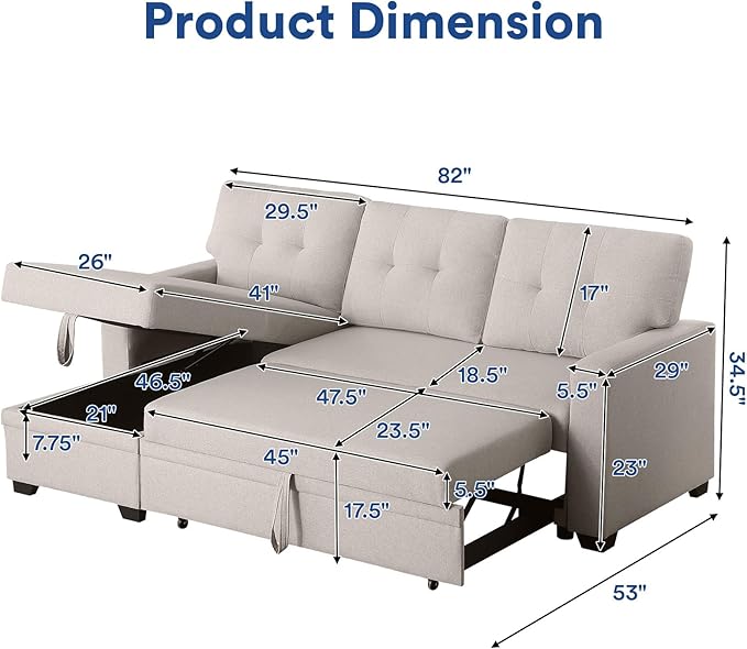 Rovibek 4-in-1 Convertible Sleeper Sofa Bed with Pull Out Bed - L Shaped Couch with Reversible Chaise & Storage, Space-Saving Hidabed for Living Room, Bedroom, Dorm, Office