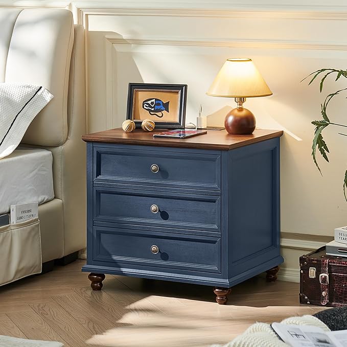 Joaxswe 24" Wide Farmhouse Nightstand Set of 2, 54" 7 Drawers Dresser, 45" Tall Rustic Chests of 5 Drawers w/ 4 Solid Wood Feet, Farmhouse Furniture Series for Living Room,Bedroom,DarkBlue