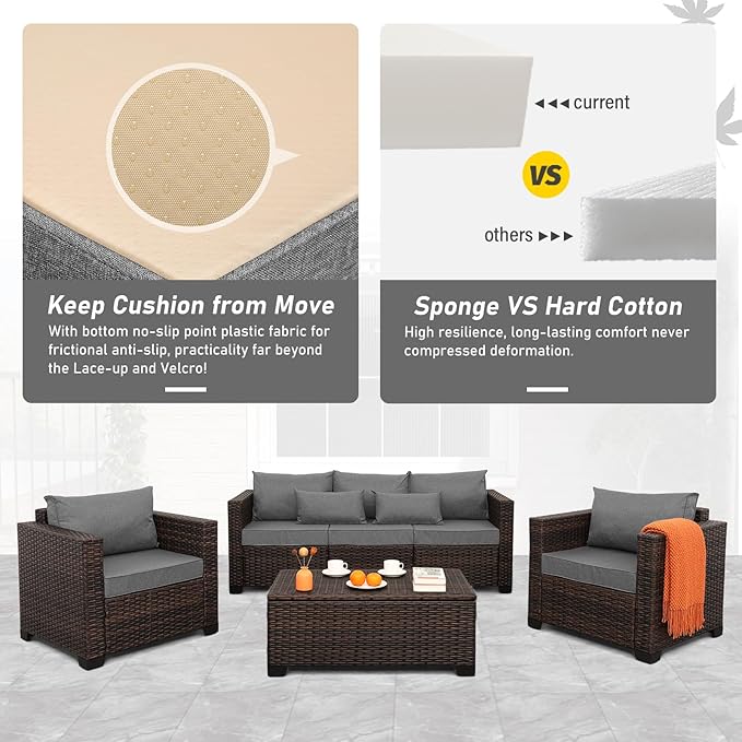 Outdoor Patio Furniture Set 4 Pieces Wicker Outdoor Furniture Chairs and Sofa Patio Storage Table Non-Slip Cushions and Waterproof Covers, Dark Grey