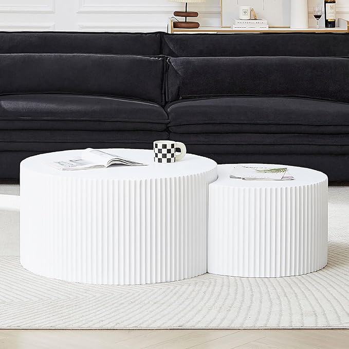 kevinplus 55.12'' White Round Nesting Coffee Table Set of 2, Modern Side End Table for Living Room, Contemporary Wood Circle Embossed Crescent Design, No Assembly, White
